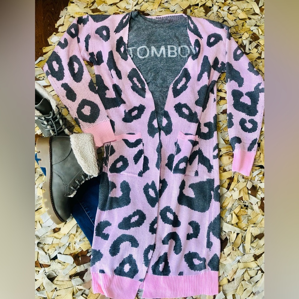 Leopard Print Cardigan with Pockets, S in Pink/Grey